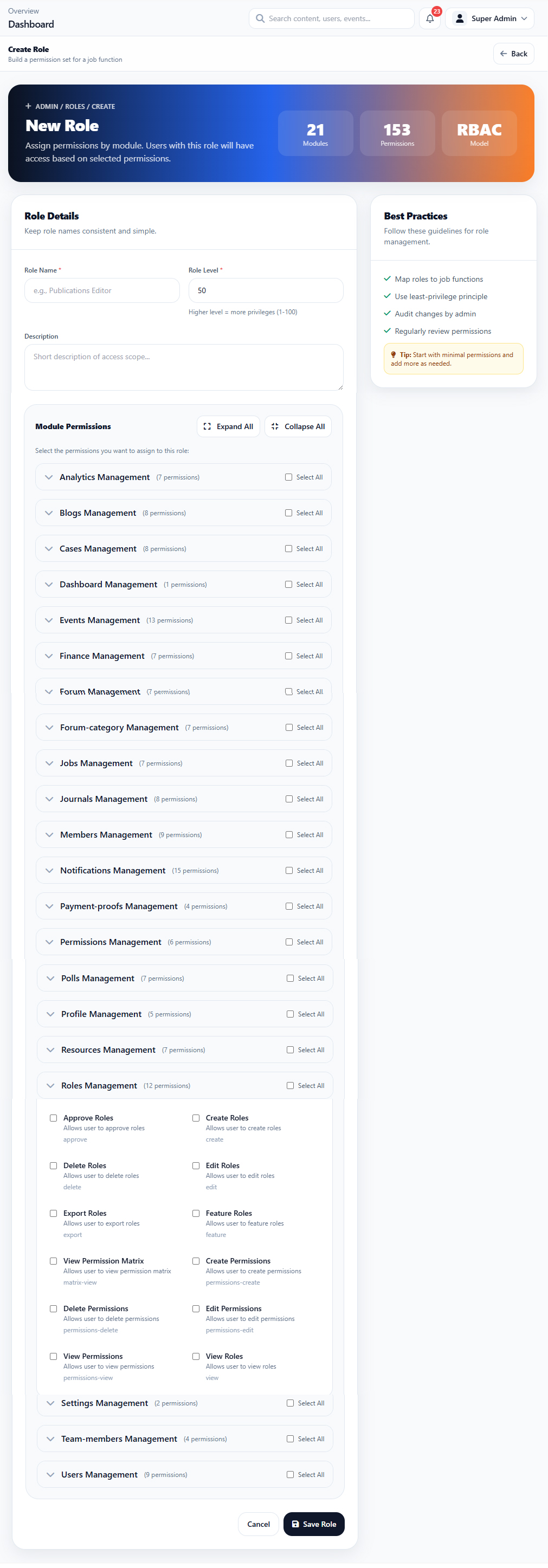 Users & Roles Permissions interface